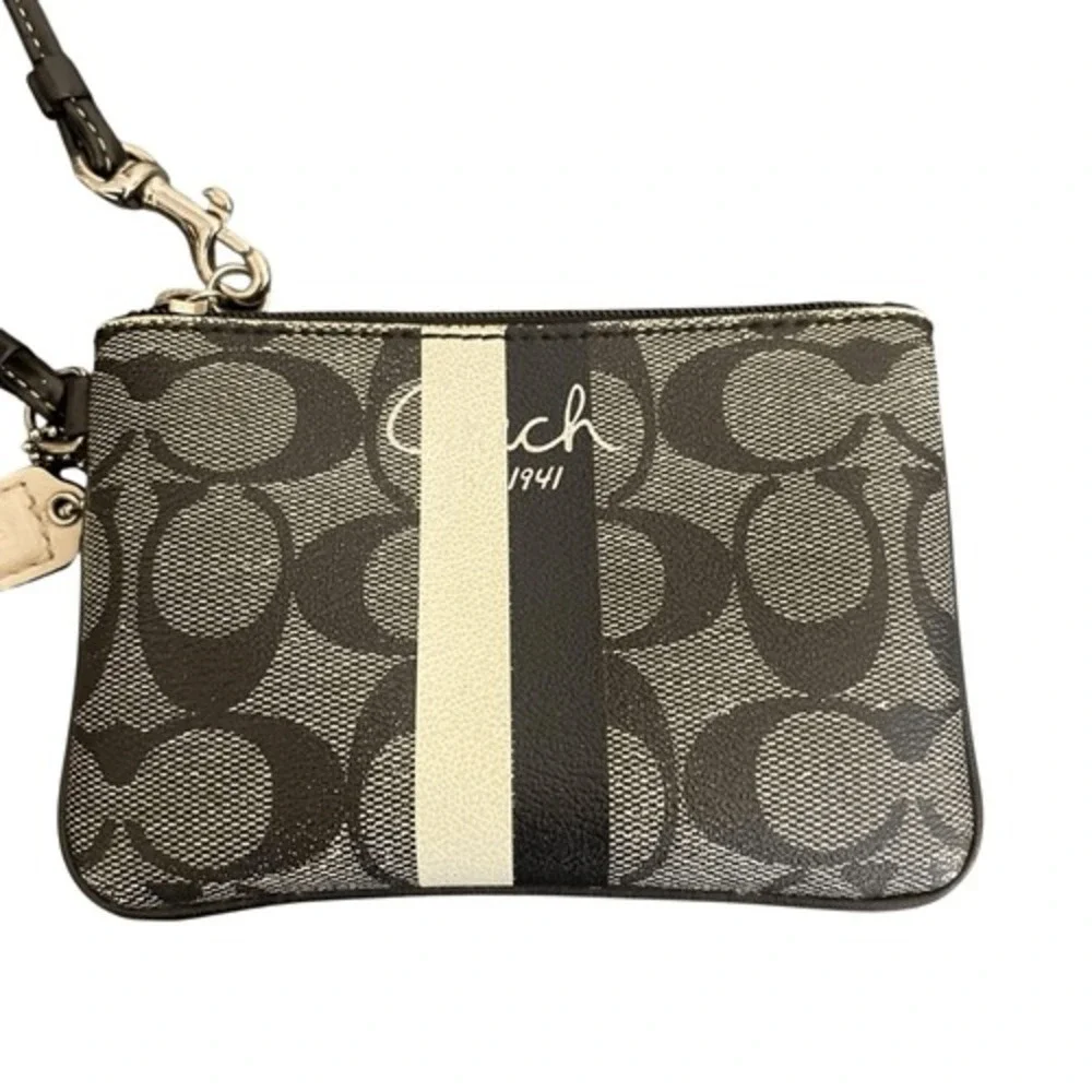 Coach Heritage Stripe Signature C Wristlet Grey Black Monogram Zip Bag